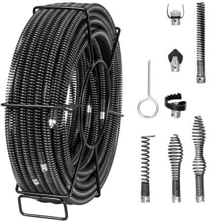 VEVOR Câble de nettoyage de canalisations, 30 m x 16 mm, câble de tarière de vidange d'égout noyau creux sectionnel professionnel, 7 coupeurs pour tuyaux 20-100 mm pour évier, siphon de sol, toilettes