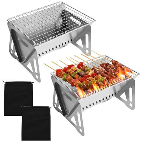 Pasdrucn 2Pcs Tragbarer Holzkohlegrill Edelstahl, Tragbar Camping Grill BBQ, Tischgrill Campinggrill, Holzkohlegrills, Klappgrill, Tischgrill Holzkohle, Mini Grill, Schaschlikgrill (XL)