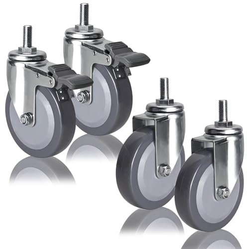 Schwerlastrollen Ø 63mm 75mm 100mm Lenkrollen Mit Gewinde M12 4 Stück, Keine Spuren & Leise Polyurethan-rollen Mit Bremse, Ersatz Rollen Für Trolleys, Möbelroller Werkbank Rollen(Swivel+Brake,100mm/4i