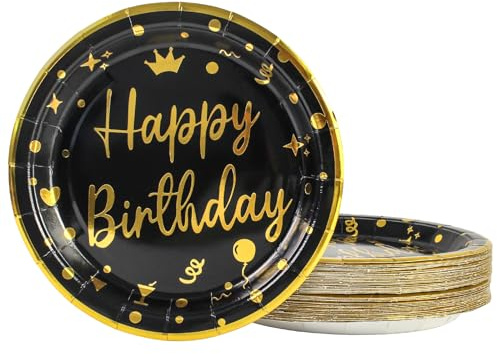 DHAIQC 50 Stück Pappteller Geburtstag 23 cm, Pappteller Schwarz Gold Partyteller Einwegteller Schwarz mit Gold Goldrand Papierteller Geburtstag Partygeschirr (Geburtstag Schwarz, 23cm)