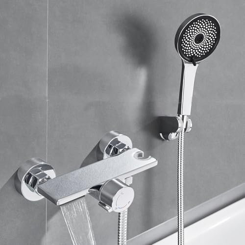 Auralum Rubinetto per vasca da bagno con doccetta a mano, rubinetto a cascata con doccia, tubo in acciaio inox da 1,5 m e supporto a parete, in ottone per vasca e bagno, cromato
