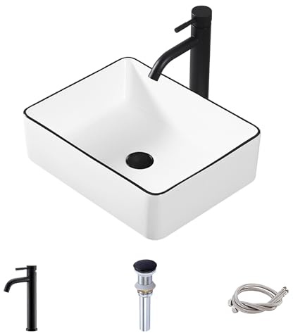 Fartyg handfat rektangulärt badrumshandfat, MAISINK 40,6 cm x 30,48 cm litet kärl handfat med pop-up dräneringskombo, keramiska kärl handfat för badrum ovanför disken, vitt handfat med svart kant på