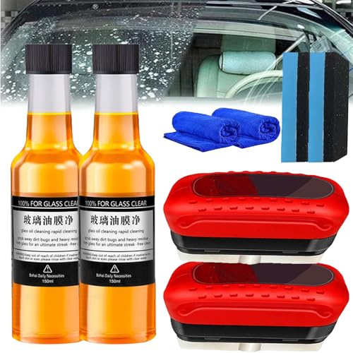 Multifunktionale Kfz-Ölfilm-Reinigungsbürste mit (120ml +150ml) Ölfilm-Entferner, Windschutzscheiben Reiniger, Scheibenreiniger, Auto-Glas-Reinigungswerkzeuge für Alle Glasarten (2 Stück)