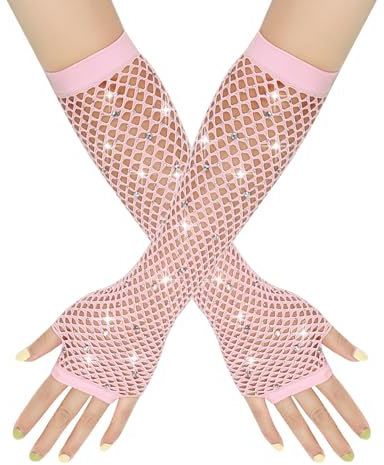 BrightGlow Netzhandschuhe Damen Lang Fischnetz Fingerlose Handschuhe Strass Mode Lang Netz Mesh Handschuhe Abendhandschuhe Opernhandschuhe für 80er Jahre Kostümparty Zubehör Pink Einheitsgröße