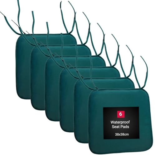 KARKARM Waterproof Chair Cushion Seat Pads Set of 6 Green, 38x38cm - Outdoor Garden Chair Seat Pads Tie on - Indoor Dining Chair Seat Pads for Home Office Kitchen Patio
