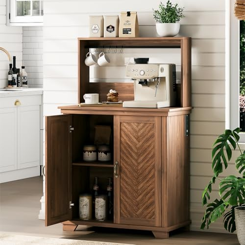 JOINICE Farmhouse Coffee Bar Cabinet with Storage,31.5 Kitchen Cabinet with Hooks and Charging Station,Coffee Station with Adjustable Shelf and Hutch,Sideboard for Living Dining Room