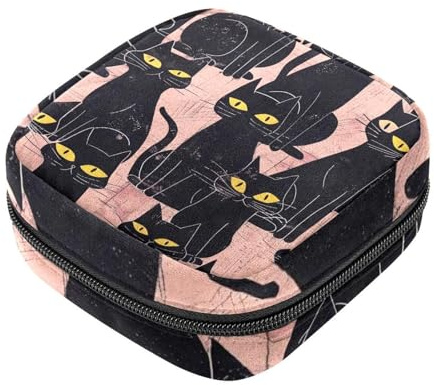 Aufbewahrungsbeutel für Damenbinden, gelbe Augen, schwarze Katzen, Oxford-Stoff, Menstruationstassen-Beutel, Stillunterlage, Tampon-Periodenbeutel mit Reißverschluss, für Teenager, Mädchen, Damen,