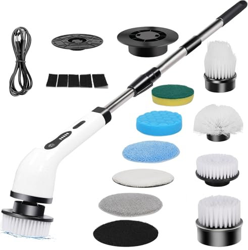 MEKOTRIN Brosse Nettoyage Electrique Rotative 9 en 1, Brosse Salle de Bain Nettoyage Rechargeable avec 9 Têtes de Brosse Remplaçables & Brosse Telescopique pour Salle de Bain Toilette(Blanc)