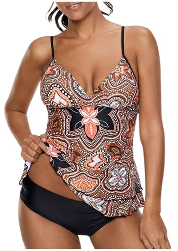 Plus Size Swimming Costume with Shorts,Two Piece Tankini Sets Ladies Swimsuits Tummy Control Swimwear Vintage Floral Print Swim Tank Tops High Waist Briefs Beach Bathing Suit Women UK Orange