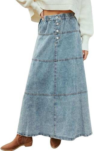 LLECDASEUI Femmes Boho Denim Jupe Maxi Y2k Taille Haute élastique Patchwork Tiered Jean A-Line Jupe Longue Vintage Streetwear (Grand)