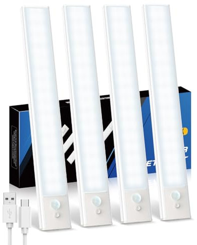 KALAHOL 4 Pack Under Cabinet Kitchen Lights, Motion Sensor Lights Indoor, Type-C, Charging Indicator, for Wardrobe, Under Counter, Cupboard, Stairs, Kitchen (Cold White)