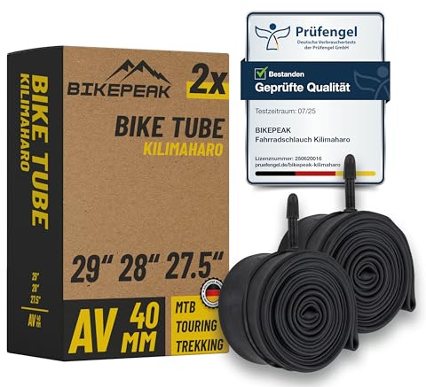 BikePeak 2x Camera d'aria flessibile per bicicletta MTB 29, 28, 27,5 pollici con valvola auto nera 40 mm – AV Schrader valvola, ETRTO 40/62-584/635 – 2 tubi flessibili Kilimaharo