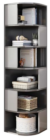 6 Tier Corner Bookcase with Baffles Etagere Shelf Storage Rack for Study Room Living Room Office Grey