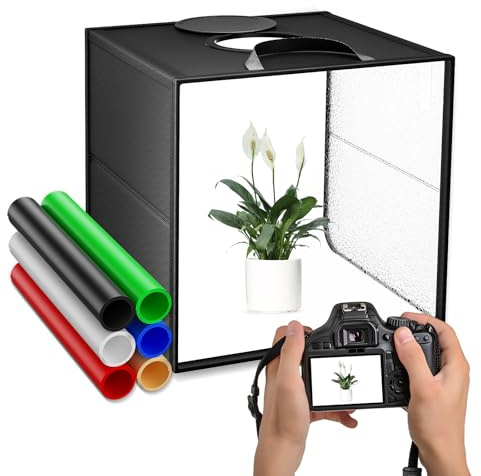 Studio Fotografico Portatile 40x40cm, 5600K CRI95+ Custodia Portatile Pieghevole Box Fotografica, Dotata di Panni Morbidi e Luminosi e di 6 Pannelli di Sfondo Colorati