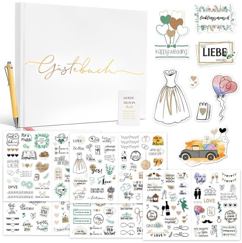 ePicsoa 200 Seiten Gästebuch Hochzeit, Sticker Hochzeit Gästebuch, Hochzeitsgästebuch, Hochzeitsalbum für Erinnerungen, Weiß Gästebuch Leer mit 266 Sticker Hochzeit in Deutsch und Englisch, 19 x 24 cm