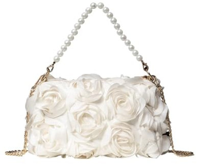 SNGUOQ Kette Tasche 1 Stück Kettentasche Rose Flower Dinner Bag, Handtasche, Metallkette Umhängetasche, Brauttasche FüR Dekoration(Beige)