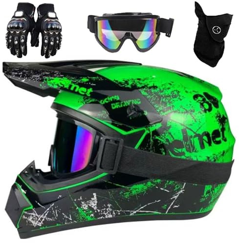 Caschi da Motocross Per Bambini, Fuoristrada, Strada E Fuoristrada, Per Bambini Dagli 8 Ai 14 Anni, Casco BMX MX ATV, con Occhiali, Guanti E Maschera, Omologati DOT(905 green floral,XL (58-59cm))