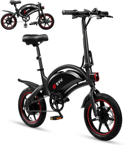 DYU D3F Electric Bike 14 Inch Lightweight Folding E Bike for Adults and Teens 250W Motor 36V 10Ah Removable Battery Up to 60KM Range Dual Disc Brakes Spring Suspension Urban Commuter Electric Bicycle
