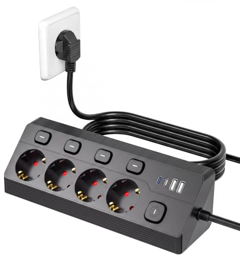 Steckdosenleiste 4-Fach 3 m, Ecksteckdose mit USB PD20W, einzeln schaltbar | Ecksteckdosenleiste mit Überspannungsschutz & Kindersicherung, Ecksteckdosenleiste für Tisch, Wand und Küche, 4000W/16A
