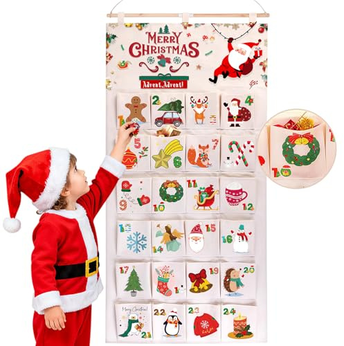 2025 Adventskalender zum Befüllen Stoff, Adventskalender zum Befüllen Wiederverwendbar mit 24 Stoffbeutel, Weihnachtskalender zum Aufhängen Hängend, Weihnachten Deko