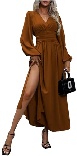 LUVCES Kleid Damen Elegant V Ausschnitt Plissiert Hohe Taille Langes Wickelkleid Laternenärmel Seitenschlitz Maxikleid für Damen Karamell M