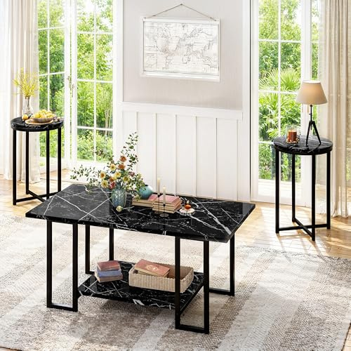 Lamerge 3 Pieces Living Room Table Set, Faux Marble Coffee Table with 2 Round End Side Tables, Coffee Table Set with Metal Frame for Apartment Home Office, Black