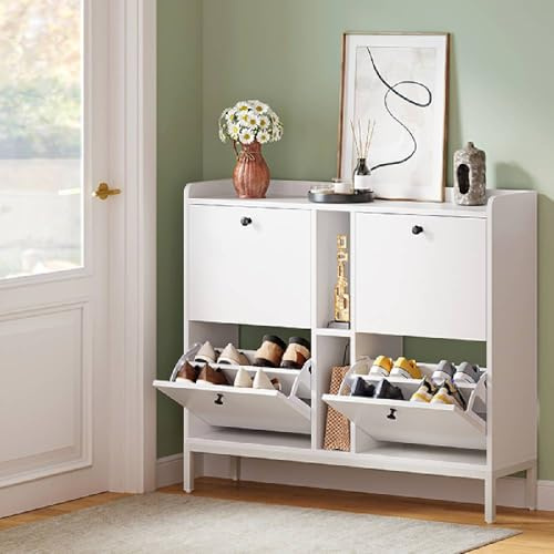 YITAHOME 4 Drawer Shoe Storage Cabinet, Space Saving Shoe Cabinet with 2 Open Shelf, Adjustable and Removable Divider for 16-24 Pairs of Shoes for Hallways and Living Room, White