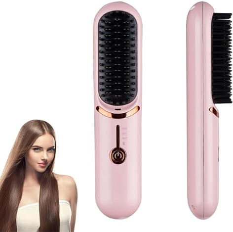 Peigne Chauffant, Brosse lissante sans fil, portable et pratique pour les voyages, rechargeable par USB, 5 400mAh, ion négatif, chauffante, pour femmes et hommes (Rose)