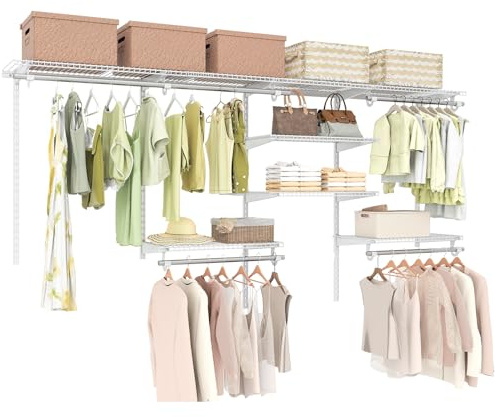 COSTWAY Closet Organiser System, Wall-Mounted Adjustable Metal Rail Garment Rack, Space Saving Clothes Storage Unit for Wardrobe and Bedroom (5 Hanging Rods + 7 Storage Shelves, White)