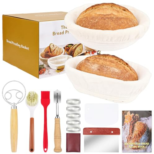 Banneton Bread Proofing Basket, Sourdough Starter Kit, 9 Round 10 Oval | Natural rattan, cloth liners, bread lame/dough whisk/bench scrapers/baking brush, sourdough baking tool set, round & oval