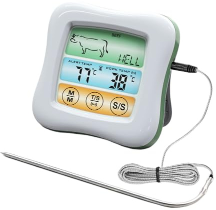 Housoutil Termometro Digitale per Alimenti Schermo Touch Colorato, Timer Integrato, Sonda in Acciaio Inox per Barbecue e Cucina Domestica, Sicurezza Abs, Temperatura Precisa per Carne