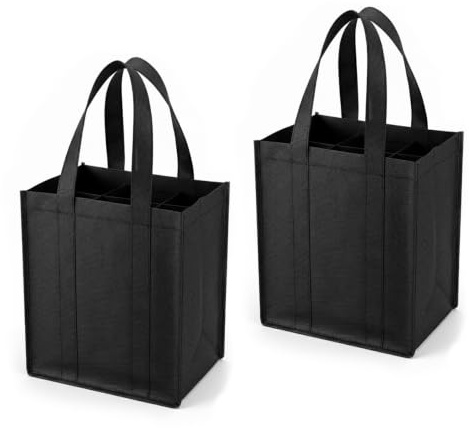 Eldraqth 2 Pcs Bottle Bags for Wine x 6, Wine Carrier Bag 6 Bottles Black Bottle Holder Bag with Compartment Carry Handle Non-Woven Reusable for Storing Carrying Beer Champagne for Travel, Camping