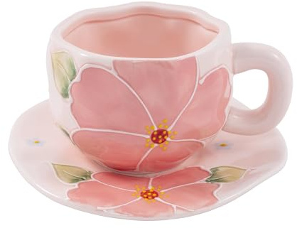 Yebaohond 320ml Ceramic Coffee Cups and Saucer Sets, Irregular Tea Cups, Floral and Pastoral Style (Pink Cherry Blossoms)