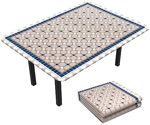 VOUNOT Tischdecke Outdoor, Elastisch Rechteckig Gartentischdecke, Abwaschbar abwischbar Wetterfest, 180x114 cm, Khaki, Blau, 6702868103191