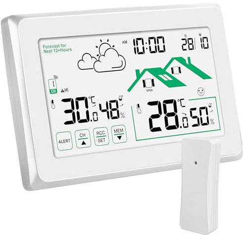 Estación Meteorológica Inalámbrica, Estacion Meteorologica Interior Exterior Pantalla LCD Grande con Flight de 12/24H Previsión Meteorológica de Tiempo Automático para Hogar, Oficina