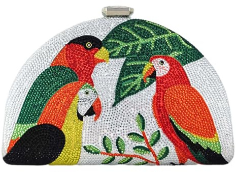 Boutique De FGG Papagei Damen Handtasche Clultch Kristall Abendhandtasche Strass Brauttasche Hochzeit, Mini, Silber