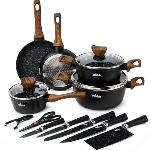 La Moustache - Batería de Cocina de Aluminio con Antiadherente | 8 Piezas Callao + 5 Cuchillos Inoxidables con Pelador de Verduras y Tijeras, Ollas/Sartenes para Todas las Cocinas, Incluso Inducción