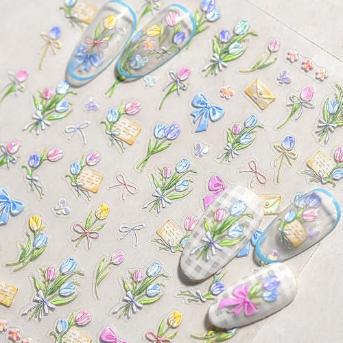 5D geprägte Tulpe Blumenstrauß Nagelsticker Blumen Deko Nagelaufkleber Frühling Sommer Nail Sticker Nageldesign Zubehör Tulip Flower Nail Art Stickers Nagel Sticker Blume Nagelfolie Selbstklebend
