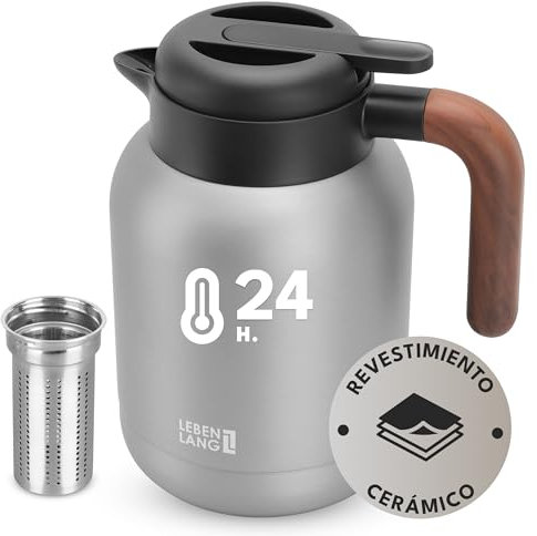 LEBENLANG Termo para cafe 1,5 l - Revestimiento cerámico & sin BPA I Mantiene el calor durante 24 horas & incl. colador de té I Termos agua caliente Thermos café acero inoxidable Jarra cafetera grande