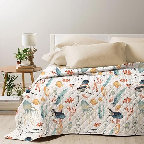 Mahome Trapuntino Matrimoniale Primaverile Estivo Leggero in Morbida Microfibra e imbottitura in Cotone - Copriletto Trapuntato Anallergico Traspirante Mano Delicata 260x260 (Pesci Multicolor)