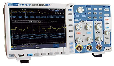 PeakTech 100 MHz 2 Kanal 12 Bit Touchscreen Digital Speicher Oszilloskop 1 GS/S mit WLAN/WiFi, USB, Lan, VGA, PC Software, Multimeter, 25 MHz Generator und Frequenzzähler, Akku Opt., 1 Stück, P 1360