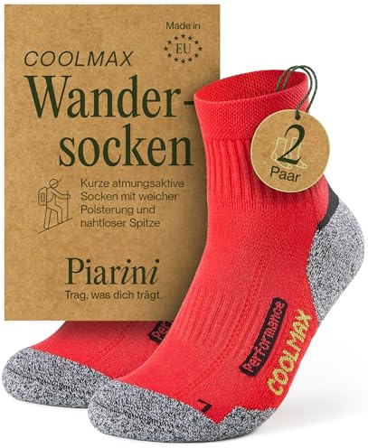 Piarini 2 par Coolmax vandringsstrumpor sommar kort, andas, anti-bubblor och poslterade – utomhus vandringsstrumpor kvinnor män – storlek 35–38 till 47–50, röd, 39-42 EU