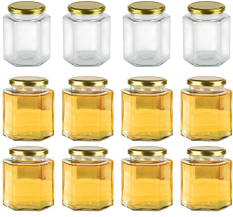 Encheng 16 oz Clear Hexagon Jars,Glass Jars With Lids(Golden),Mason Jars For Honey,Foods,Jams,Liquid,Spice Jar Herd Jar Canning Jars For Storage 12 Pack