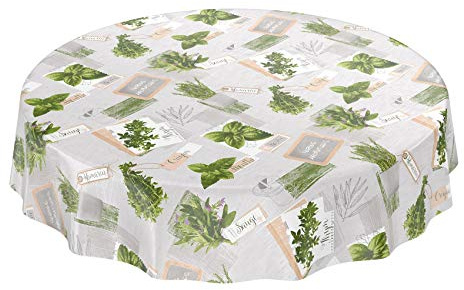 Tischdecke Wachstuchtischdecke Wachstuch Wachstischdecke pflegeleicht abwaschbar Kräuter Grün Beige Bio Basilikum Rund 140cm eingefasst