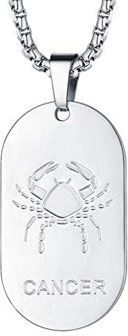FaithHeart, collana con ciondolo, motivo: 12 segni zodiacali, piastrina con incisione, in acciaio inox, per uomo e donna e D del cancro (06/22-07/21), colore: 01 argento., cod. TP12111G-E