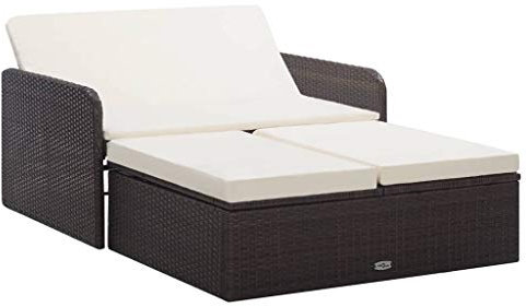 Tidyard Lounge Sofa Gartensofa 2-Sitzer mit Stauraum Balkonmöbel Rattan Balkonsofa Balkon Sitzgruppe Rattansofa Gartenmöbel Couch Terrasse Gartenbank Garten Loungesofa mit Hocker (Braun)