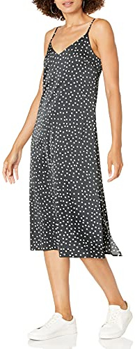 The Drop Ana Robe midi soyeuse à col V À enfiler pour Femme, Blanc avec imprimé à pois noirs, L