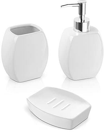 Inbagno Set Accessori Bagno Completo – 3 Pezzi in Ceramica, Kit Accessori da appoggio, Include Dispenser Sapone, portaspazzolini e portasaponetta (Bianco)