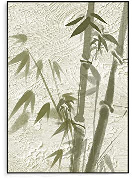 Acrylbilder Auf Leinwand Handgemalt, Green Leaf Bamboo Branch Minimalist Zen Modern Abstract Artwork Frameless Original Hand Painted Oil Paintings On Canvas Wall Art For Living Room Bedroom Office