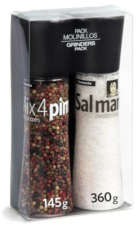 CARMENCITA - Pack 2 Molinillos Gigantes | Sal Marina Mediterránea | Mix 4 Pimientas | Sal de mesa | Molinillos para carnes, verduras, ensaladas, pescado | Pimientas negra, blanca, verde y rosa | 505 g
